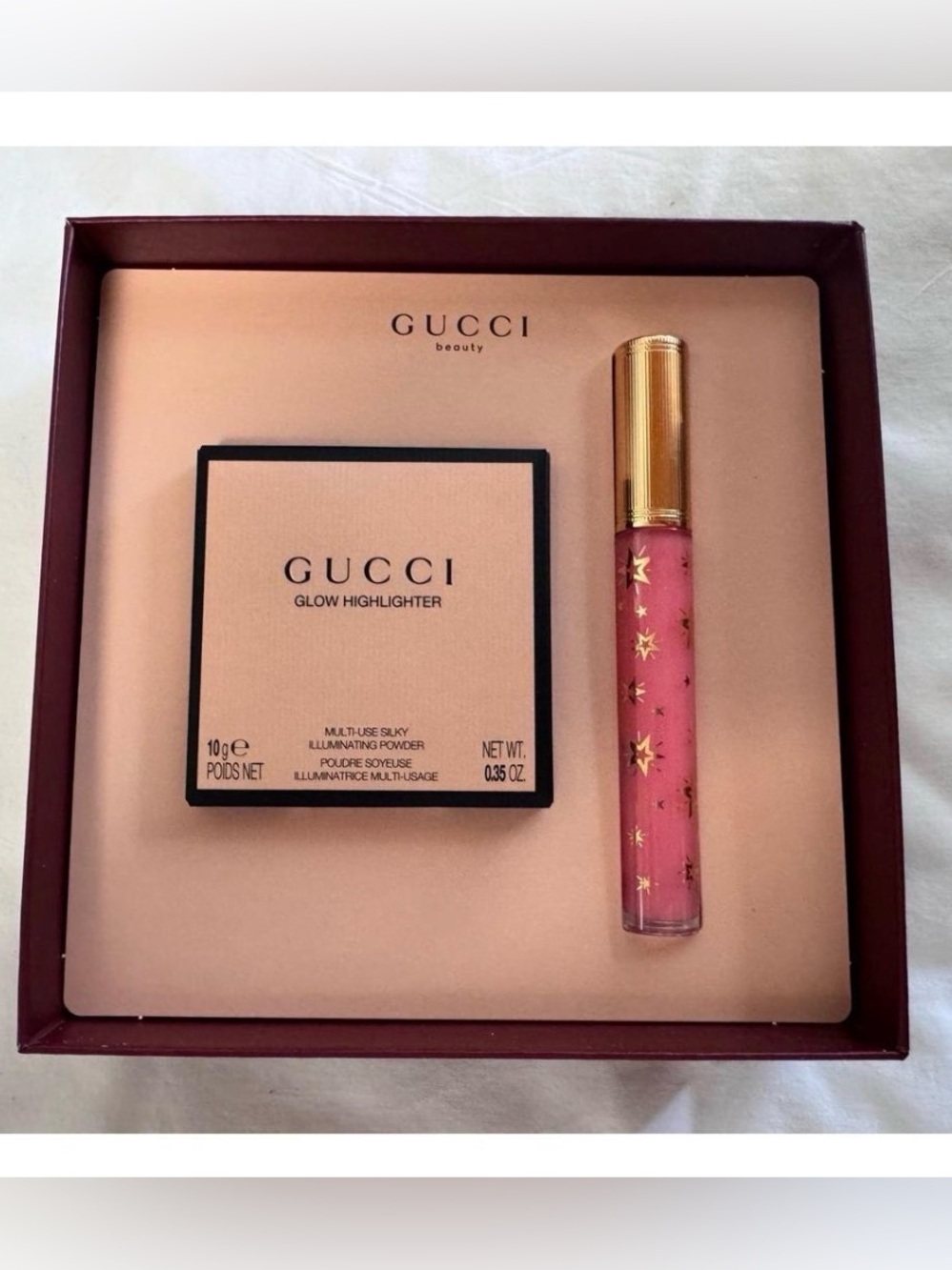 NEW GUCCI BEAUTY Glow Highlighter (Opal) & Lip Gloss (Bertha) Pink -  Gift Set - Picture 2 of 9